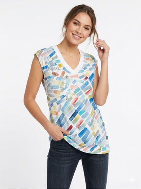 Women's Simply Art by Dolcezza Watercolor Block V-Neck Top Button Detail Med 698